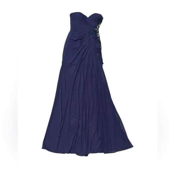 FORMAL SHERRI HILL navy blue high slit lace side sweet heart neckline gown sz 2 - Picture 2 of 8